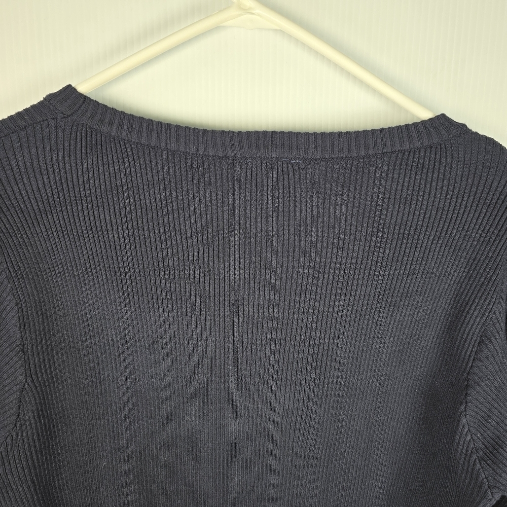 Voy Womens Navy Ribbed Short Puff Sleeve Sweater With White Bows Ruffle Size L - Picture 11 of 13